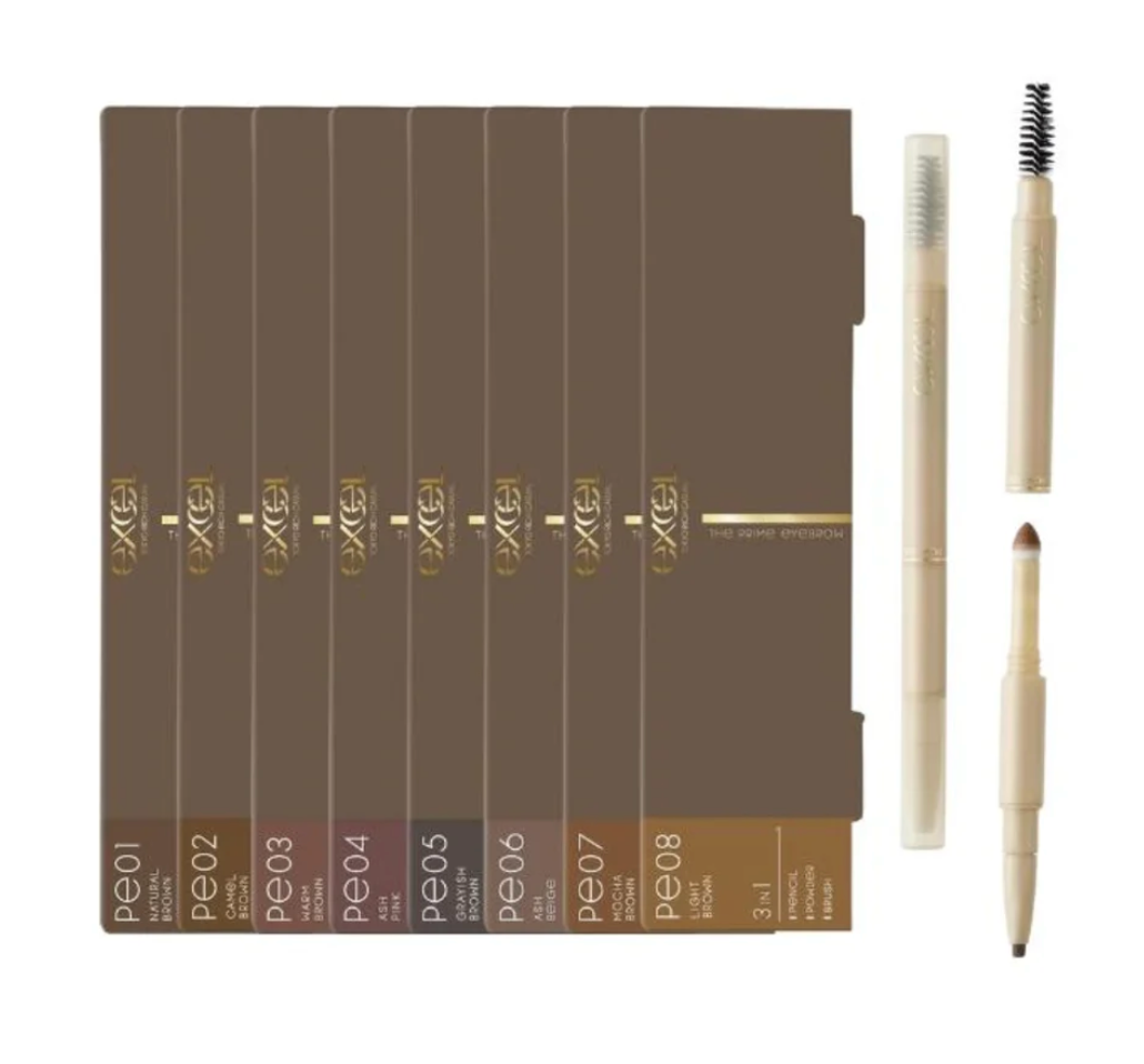 Excel The Prime 3-in-1 Eyebrow Pencil Powder Brush – Natural Defined Brow Finish