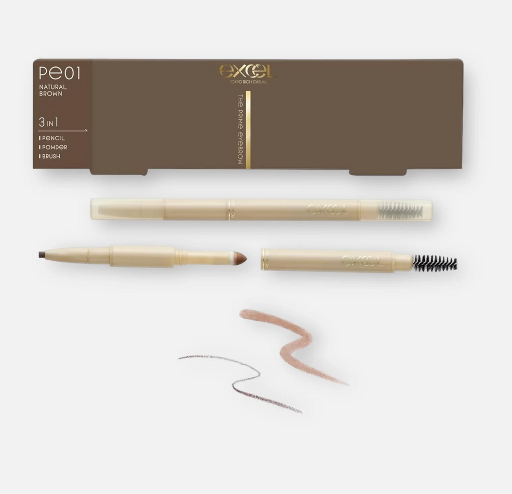 Excel The Prime 3-in-1 Eyebrow Pencil Powder Brush – Natural Defined Brow Finish