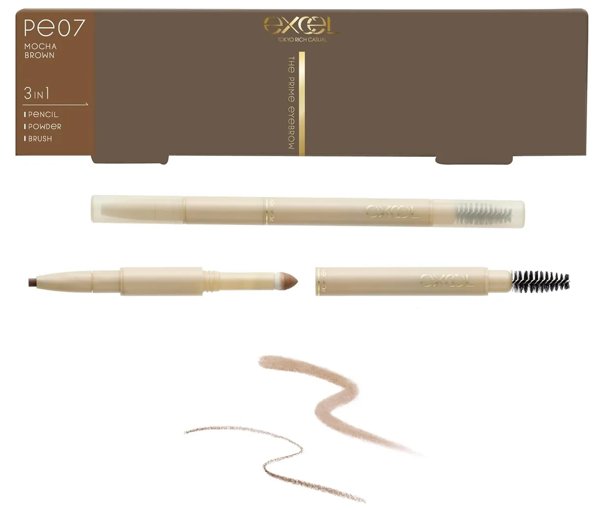 Excel The Prime 3-in-1 Eyebrow Pencil Powder Brush – Natural Defined Brow Finish
